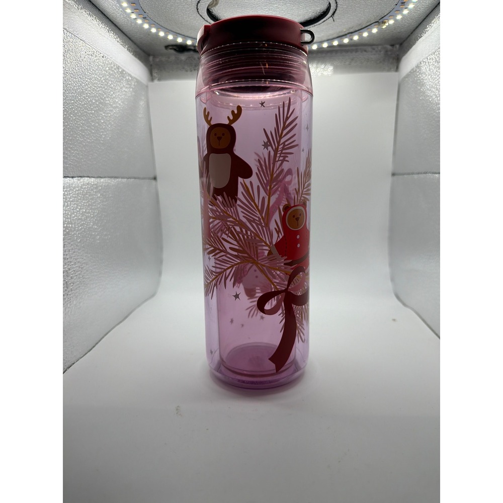Starbucks Holiday Tumbler 16oz Pink Acrylic Double Wall Bear Reindeer Flip Lid